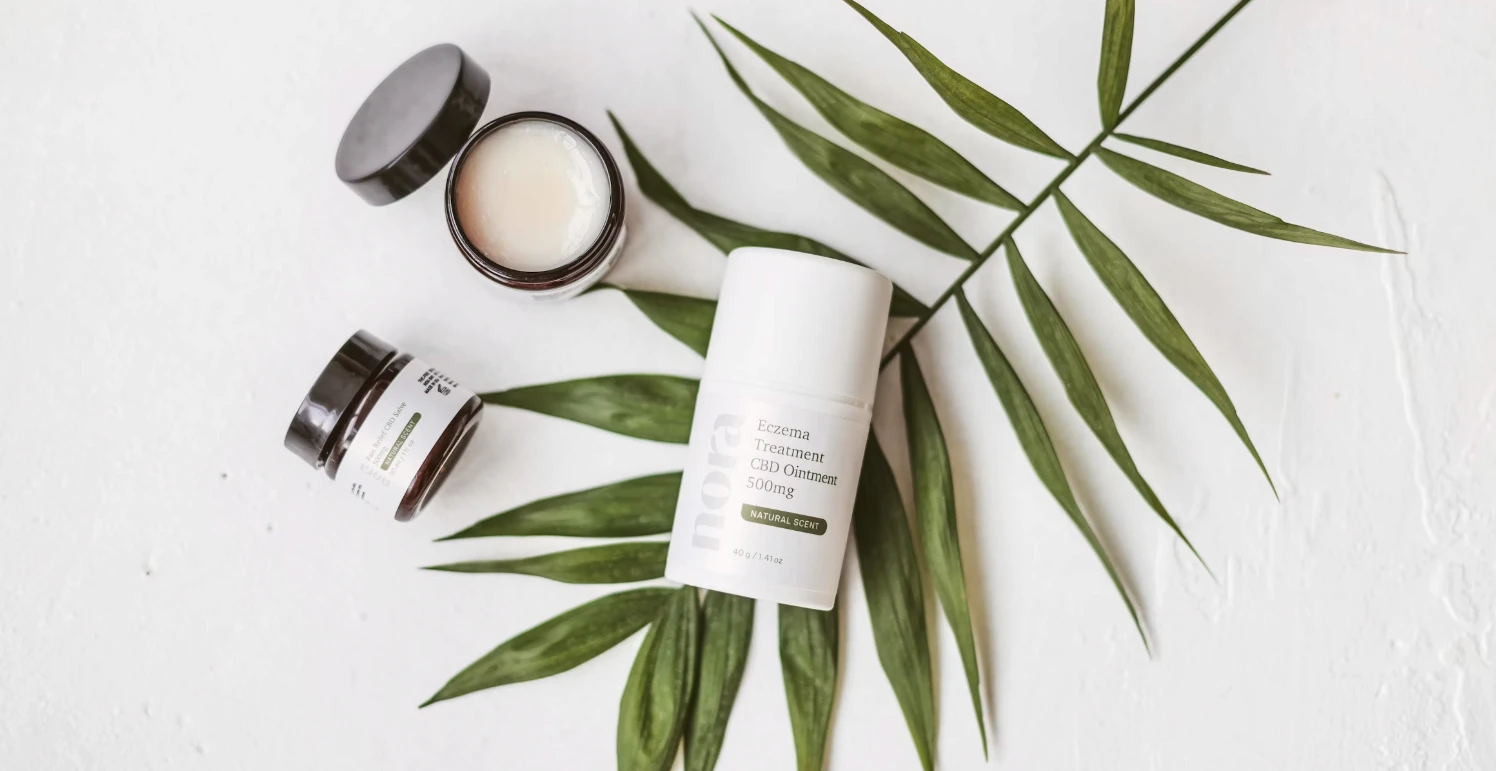Skincare products arranged with green leaves